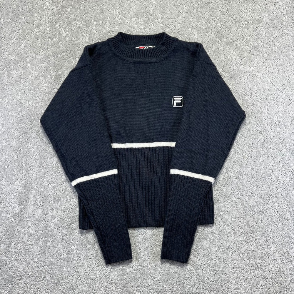 VINTAGE FILA Sweater Womens Small Navy Blue Wool Blend Ribbed Knit Crewneck 90s
